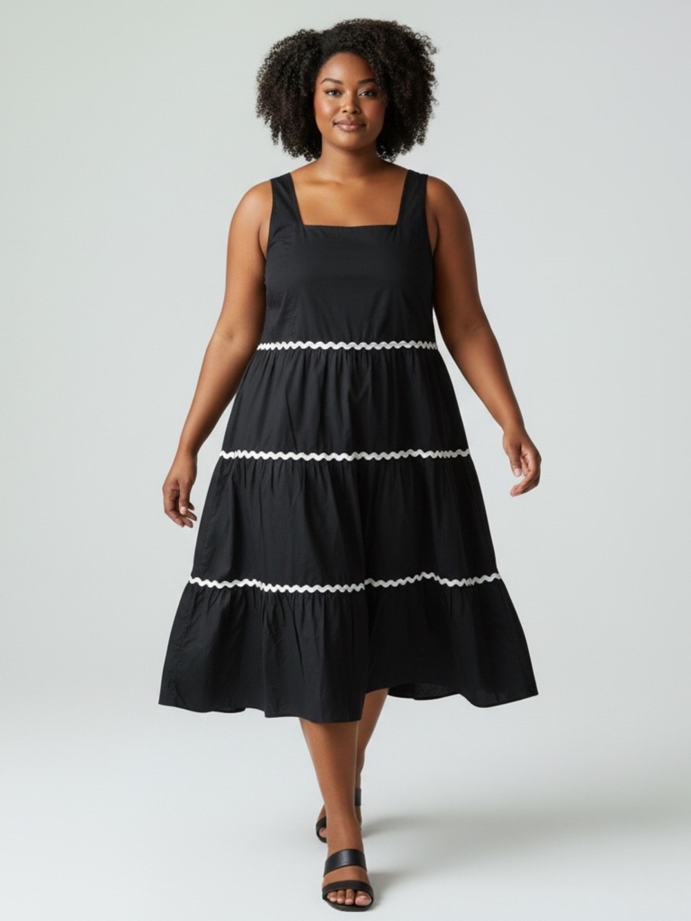 100% Cotton Black Tiered Midi Dress with White Trim Contrast 3X